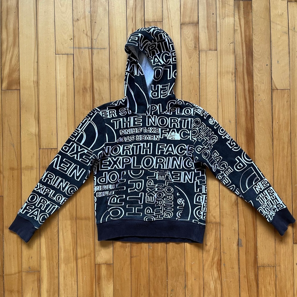 The North Face Boys All Over Print Hoodie Never Stop Black White Size 10